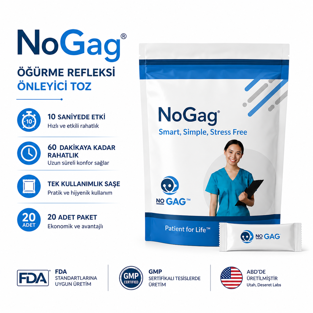 NoGag 20’li paket öğürme refleksi kontrol tozu. Diş hekimliği işlemlerinde öğürme refleksini azaltmaya yardımcı tek kullanımlık saşeler.